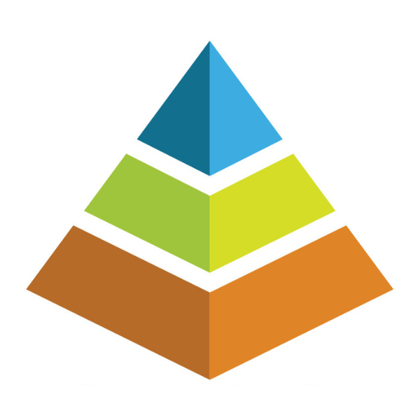 A triangle made up of three layers. Blue, orange and green from top to bottom.